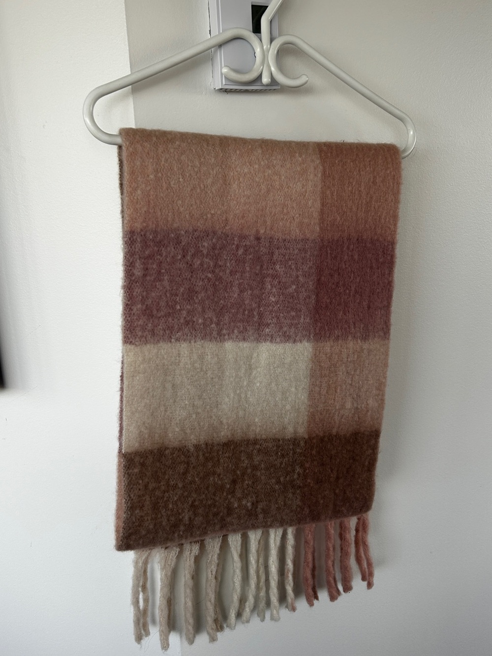 Dynamite Pink Cream Brown Plaid Fringe Scarf